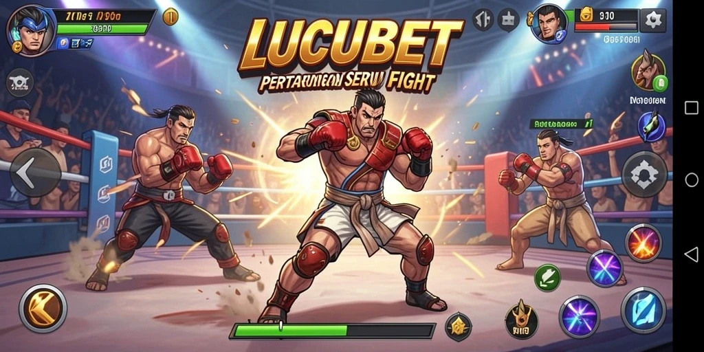 Screenshot gameplay LUCUBET menampilkan pertarungan seru antara karakter-karakter unik.