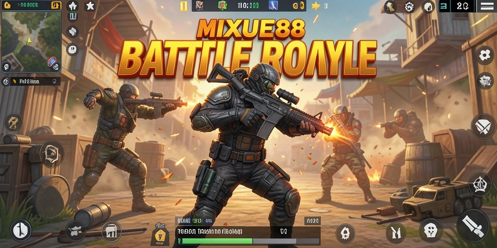 Screenshot aksi seru di MIXUE88, pemain bertarung dalam pertempuran Battle Royale.