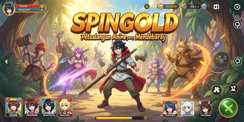 Tampilan gameplay SPINGOLD menampilkan karakter anime dalam aksi seru.